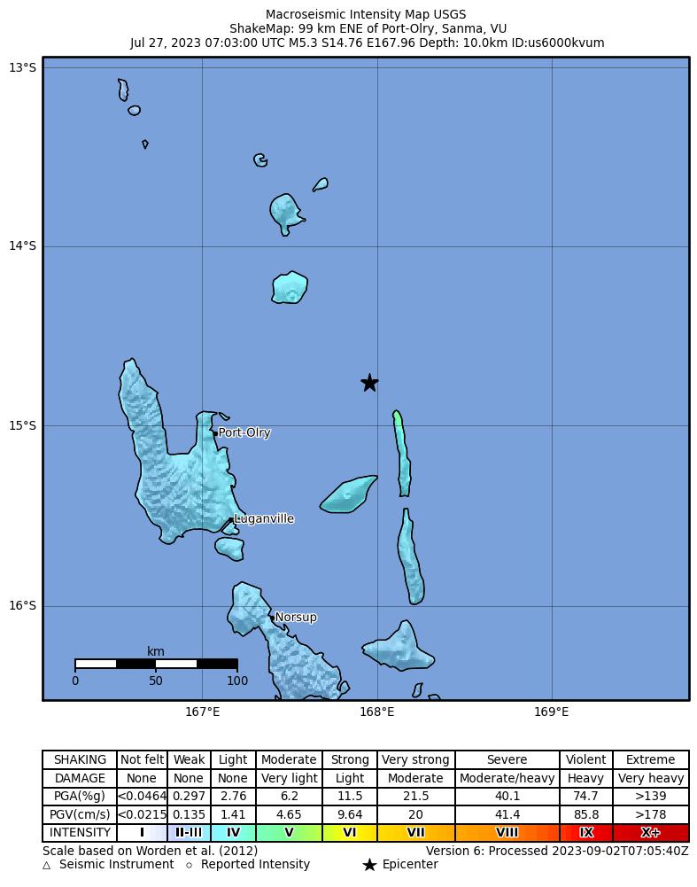 USGS ShakeMap intensity contours for the M5.3 earthquake near 103 km SSE of Sola, Vanuatu