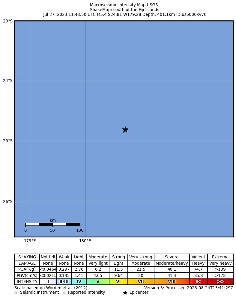 USGS ShakeMap intensity contours for the M5.4 earthquake near south of the Fiji Islands