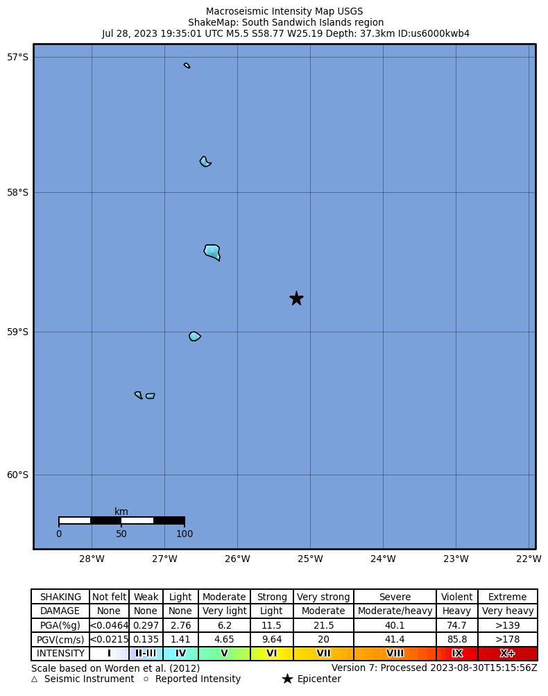 USGS ShakeMap intensity contours for the M5.5 earthquake near South Sandwich Islands region