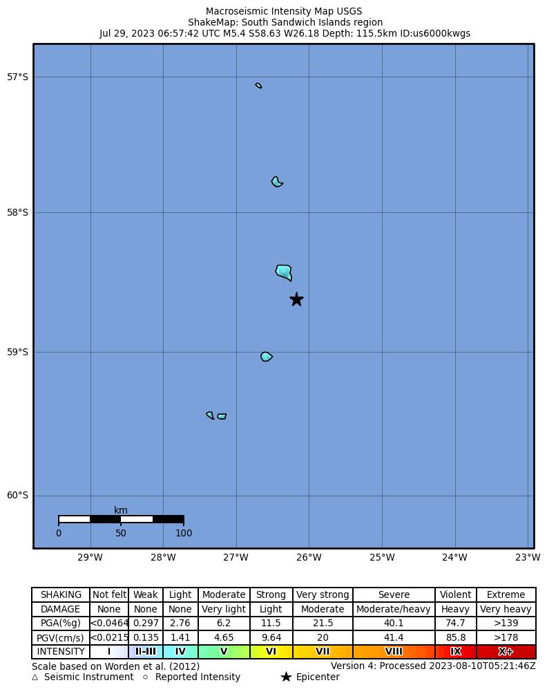 USGS ShakeMap intensity contours for the M5.4 earthquake near South Sandwich Islands region