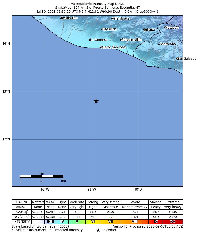 USGS ShakeMap intensity contours for the M5.7 earthquake near off the coast of Central America