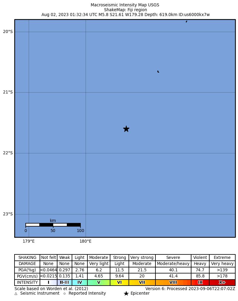 USGS ShakeMap intensity contours for the M5.8 earthquake near Fiji region