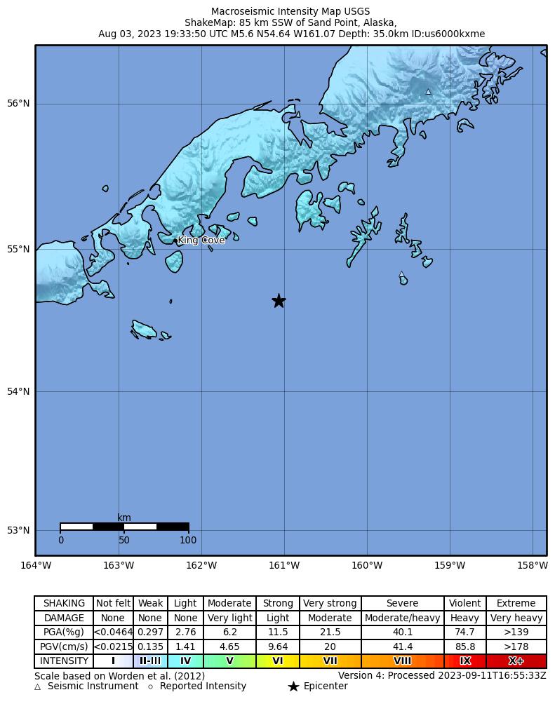 USGS ShakeMap intensity contours for the M5.6 earthquake near 85 km SSW of Sand Point, Alaska
