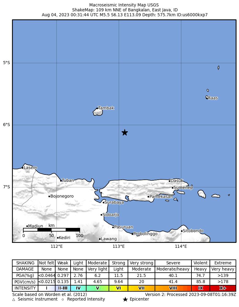 USGS ShakeMap intensity contours for the M5.5 earthquake near 109 km NNE of Bangkalan, Indonesia