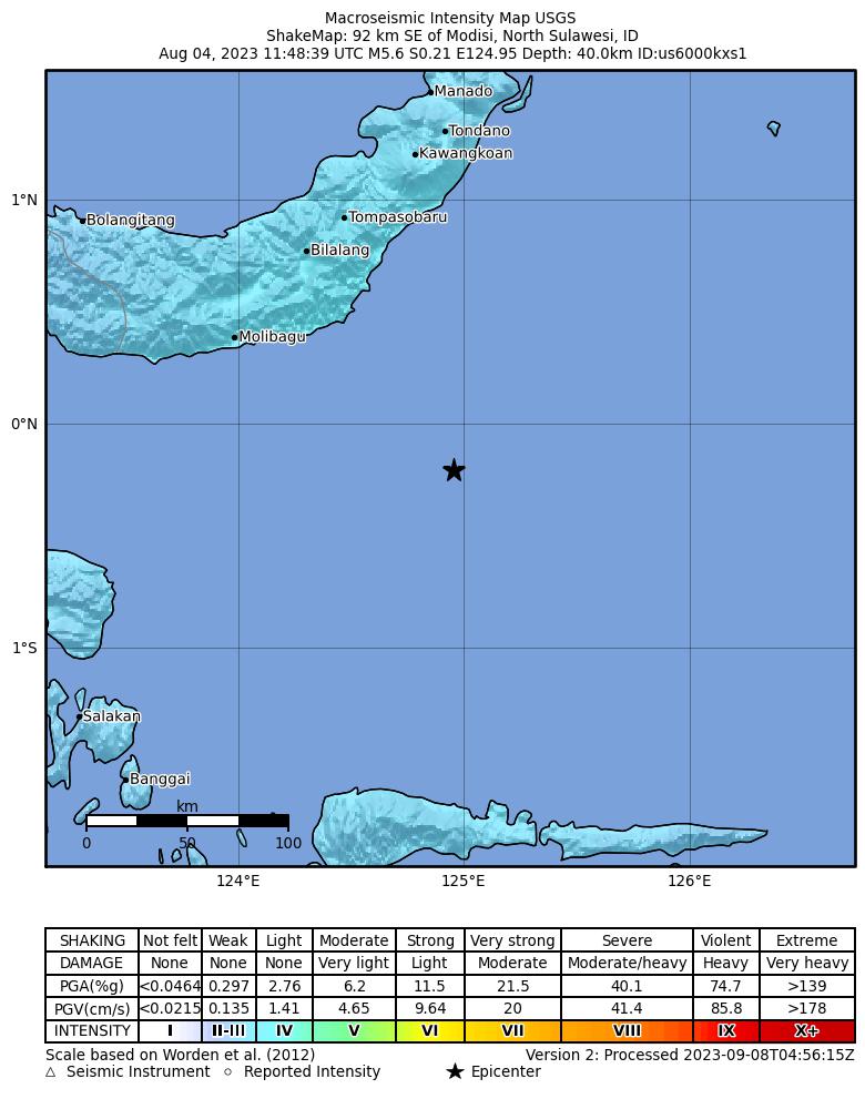USGS ShakeMap intensity contours for the M5.6 earthquake near 92 km SE of Modisi, Indonesia