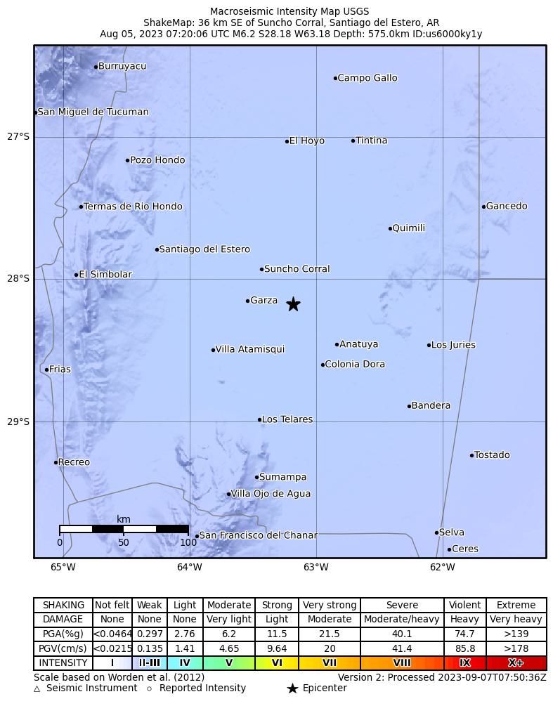 USGS ShakeMap intensity contours for the M6.2 earthquake near Santiago del Estero, Argentina