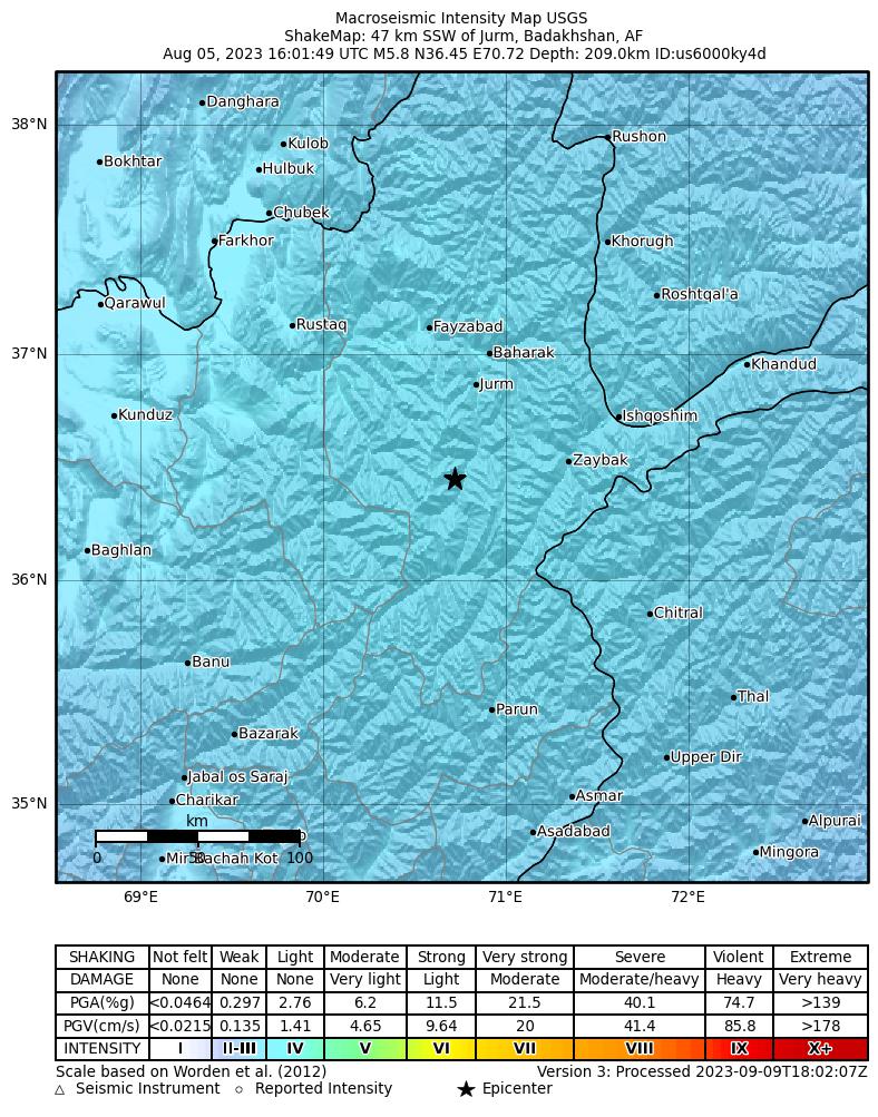 USGS ShakeMap intensity contours for the M5.8 earthquake near 47 km SSW of Jurm, Afghanistan