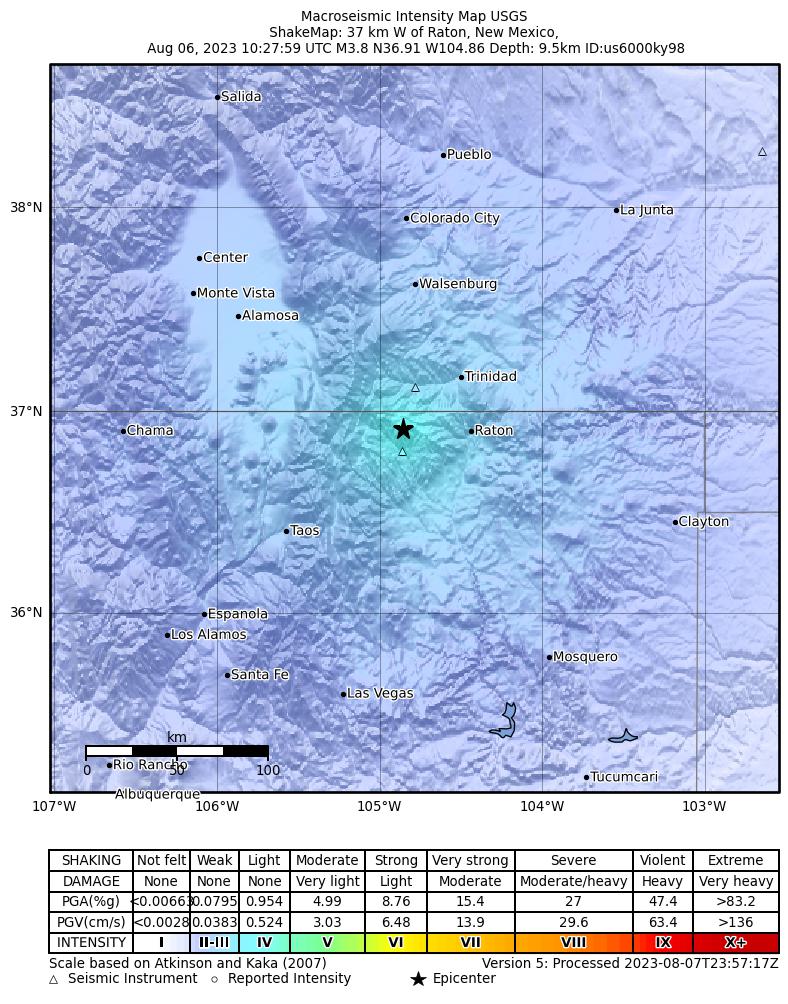USGS ShakeMap: estimated shaking intensity around the epicenter