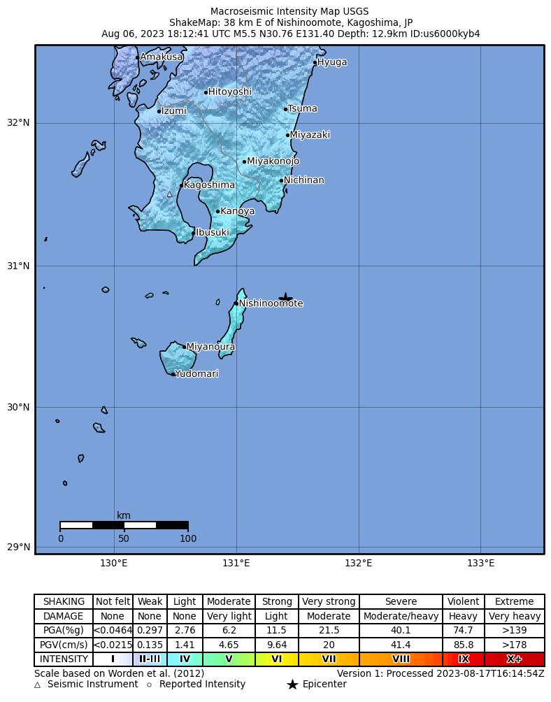 USGS ShakeMap intensity contours for the M5.5 earthquake near 38 km E of Nishinoomote, Japan