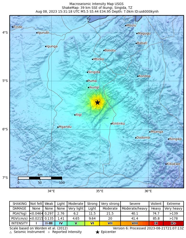 USGS ShakeMap intensity contours for the M5.5 earthquake near 39 km SSE of Ikungi, Tanzania