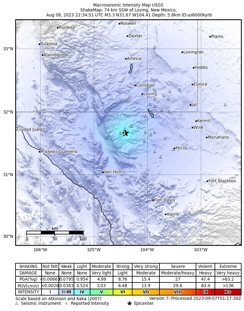 USGS ShakeMap intensity contours for the M3.6 earthquake near 55 km S of Whites City, New Mexico