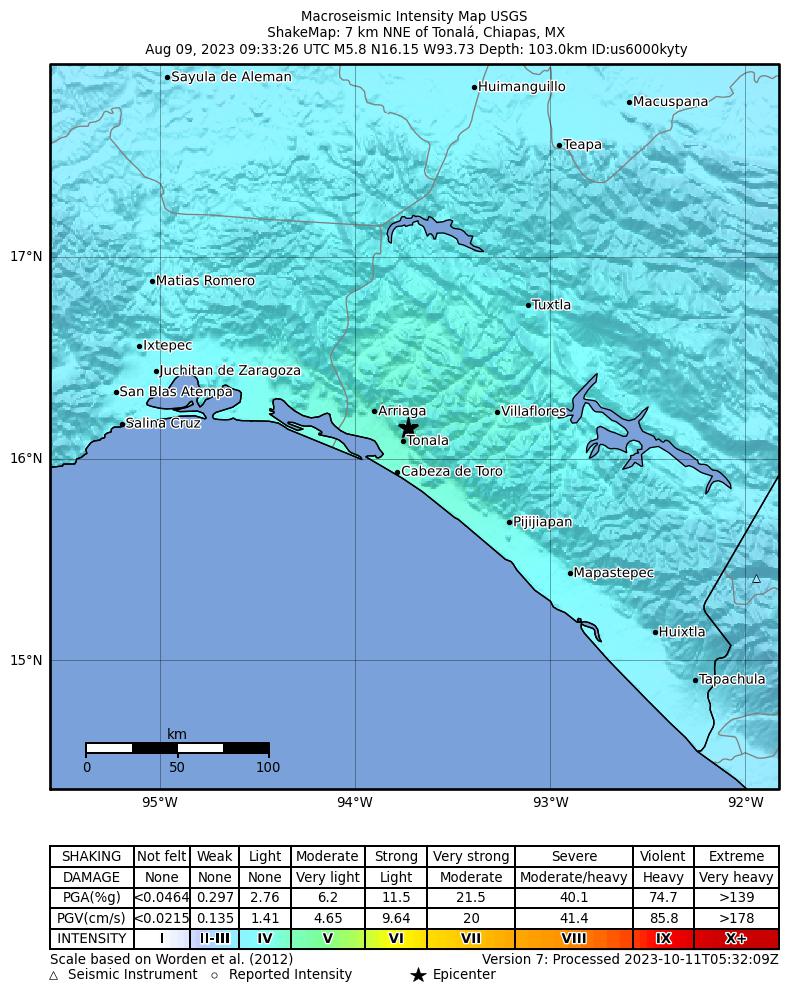 USGS ShakeMap intensity contours for the M5.8 earthquake near 7 km NNE of Tonalá, Mexico
