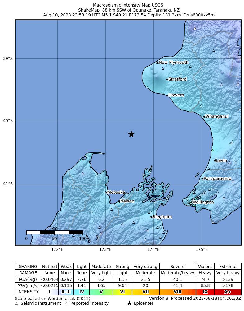 USGS ShakeMap intensity contours for the M5.1 earthquake near 88 km SSW of Opunake, New Zealand