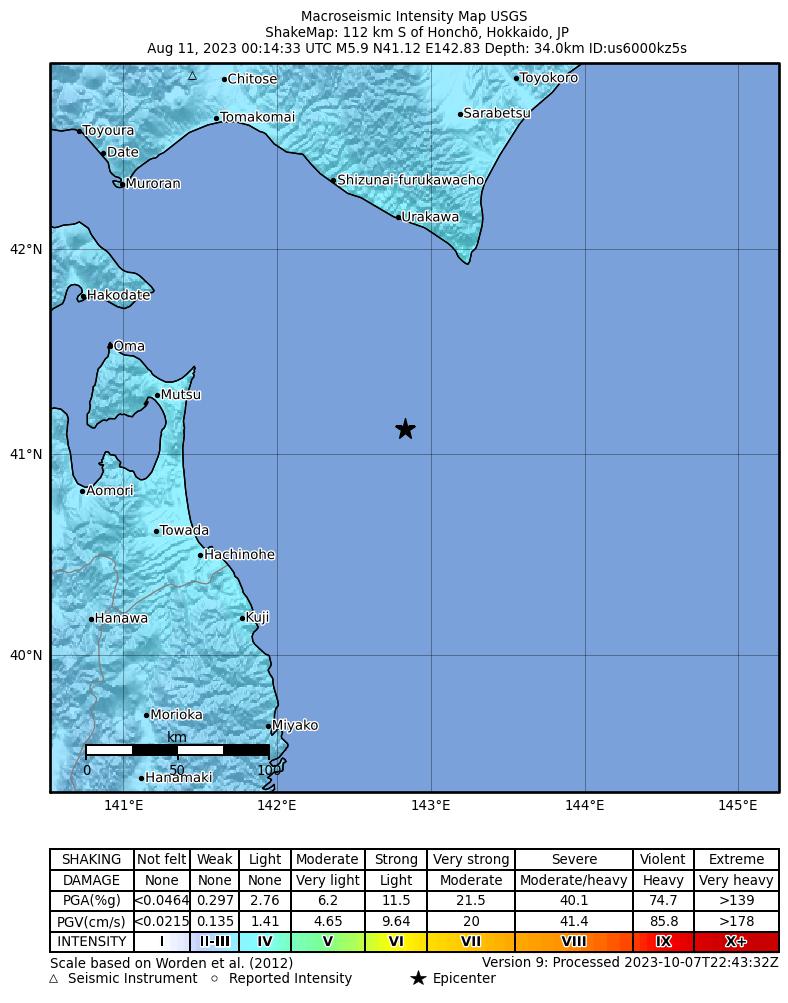 USGS ShakeMap intensity contours for the M5.9 earthquake near Hokkaido, Japan region