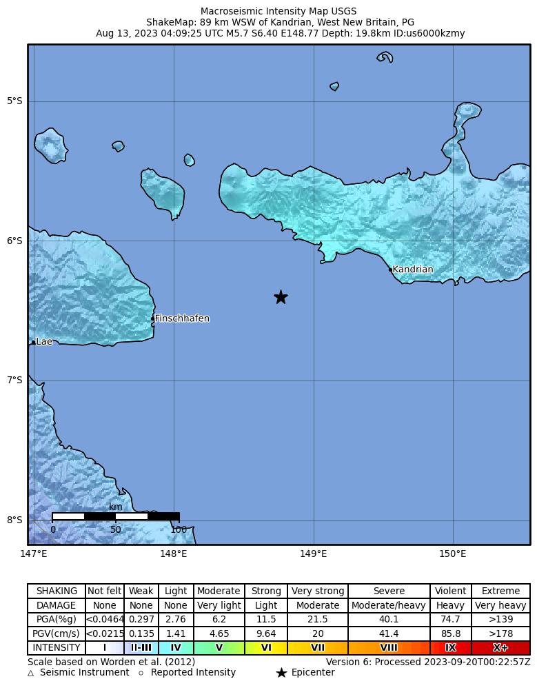 USGS ShakeMap intensity contours for the M5.7 earthquake near 89 km WSW of Kandrian, Papua New Guinea