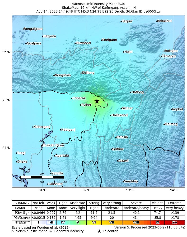 USGS ShakeMap intensity contours for the M5.3 earthquake near 16 km NW of Karīmganj, India