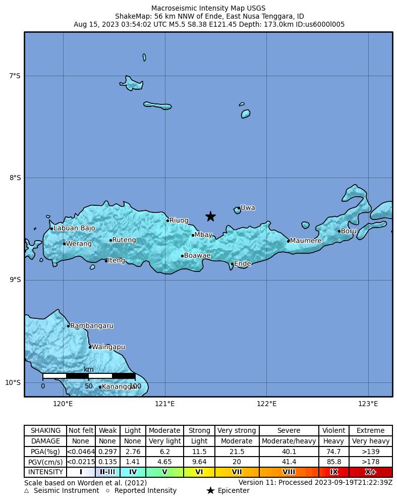 USGS ShakeMap intensity contours for the M5.5 earthquake near Flores region, Indonesia