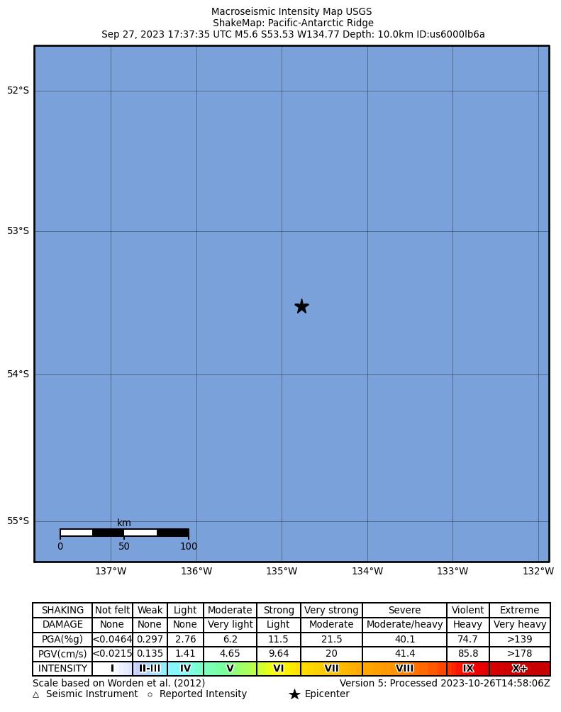USGS ShakeMap intensity contours for the M5.6 earthquake near Pacific-Antarctic Ridge