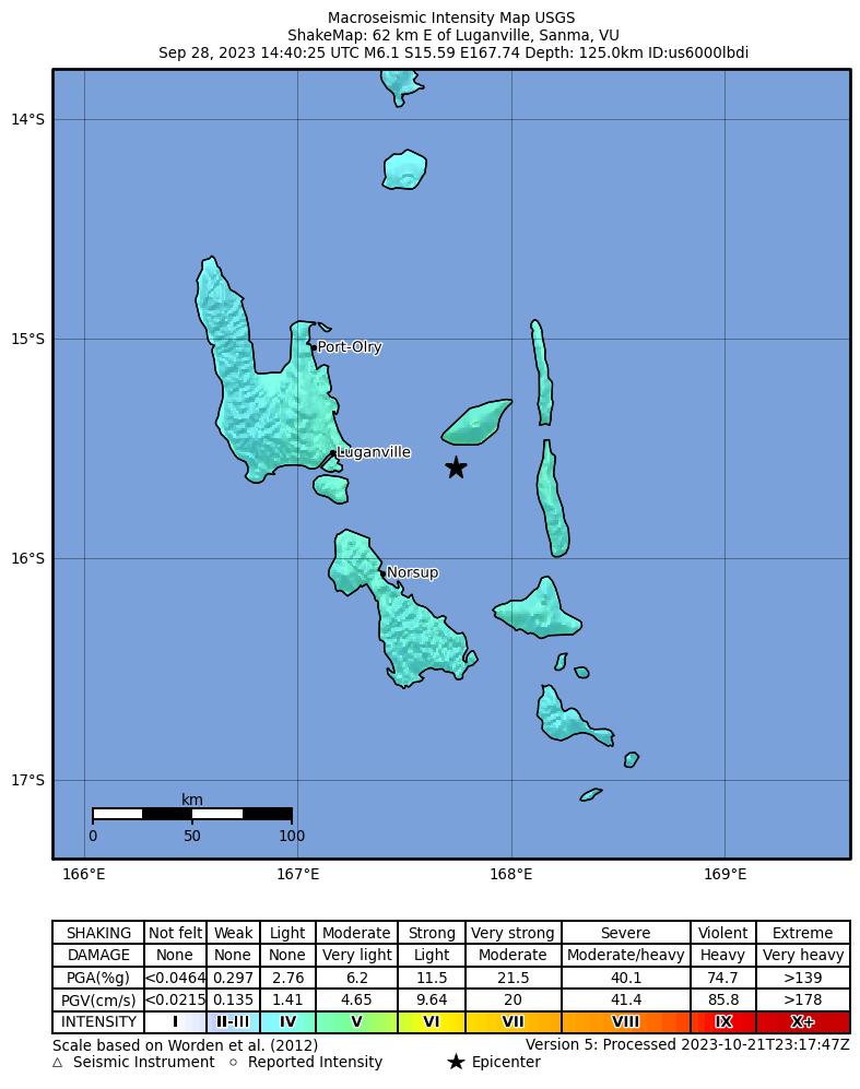 USGS ShakeMap intensity contours for the M6.1 earthquake near 62 km E of Luganville, Vanuatu