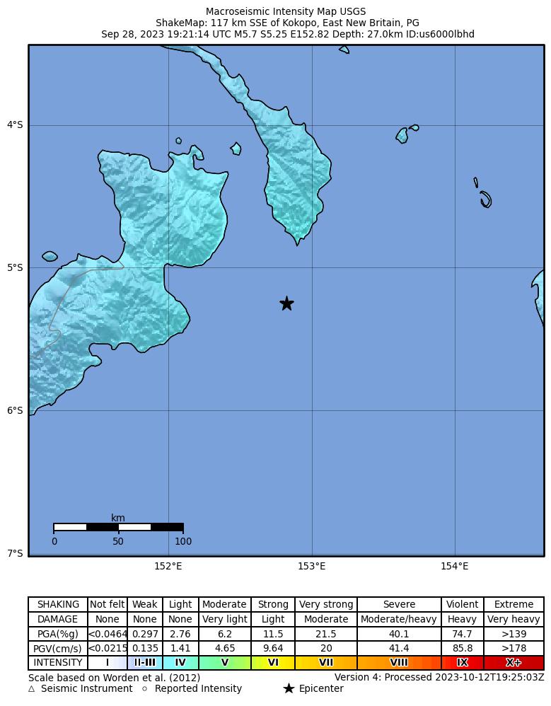 USGS ShakeMap intensity contours for the M5.7 earthquake near 117 km SSE of Kokopo, Papua New Guinea