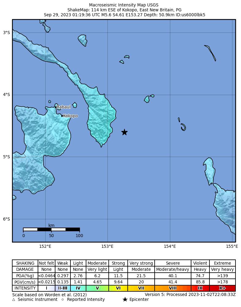 USGS ShakeMap intensity contours for the M5.6 earthquake near 114 km ESE of Kokopo, Papua New Guinea