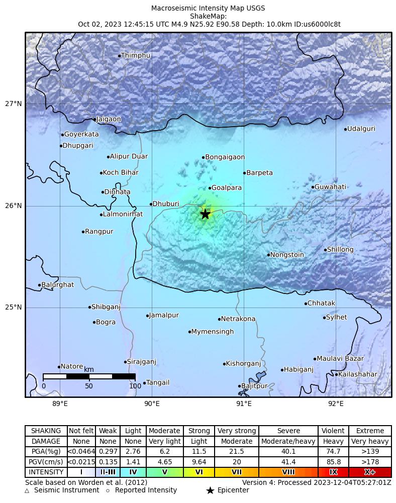 USGS ShakeMap intensity contours for the M4.9 earthquake near 28 km S of Goālpāra, India