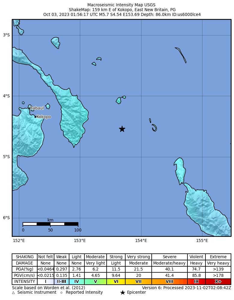 USGS ShakeMap intensity contours for the M5.7 earthquake near 159 km E of Kokopo, Papua New Guinea