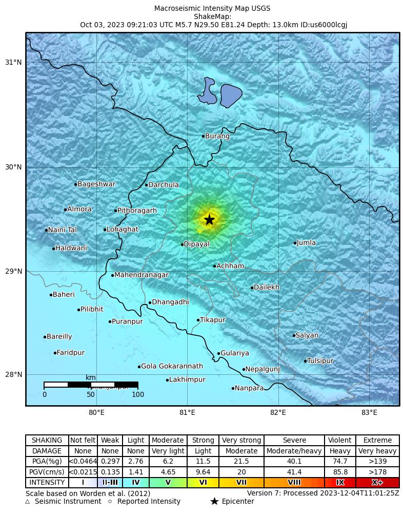 USGS ShakeMap intensity contours for the M5.7 earthquake near 39 km NE of Dipayal, Nepal