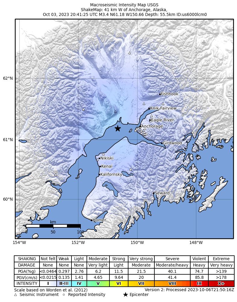 USGS ShakeMap intensity contours for the M3.2 earthquake near 23 km E of Beluga, Alaska
