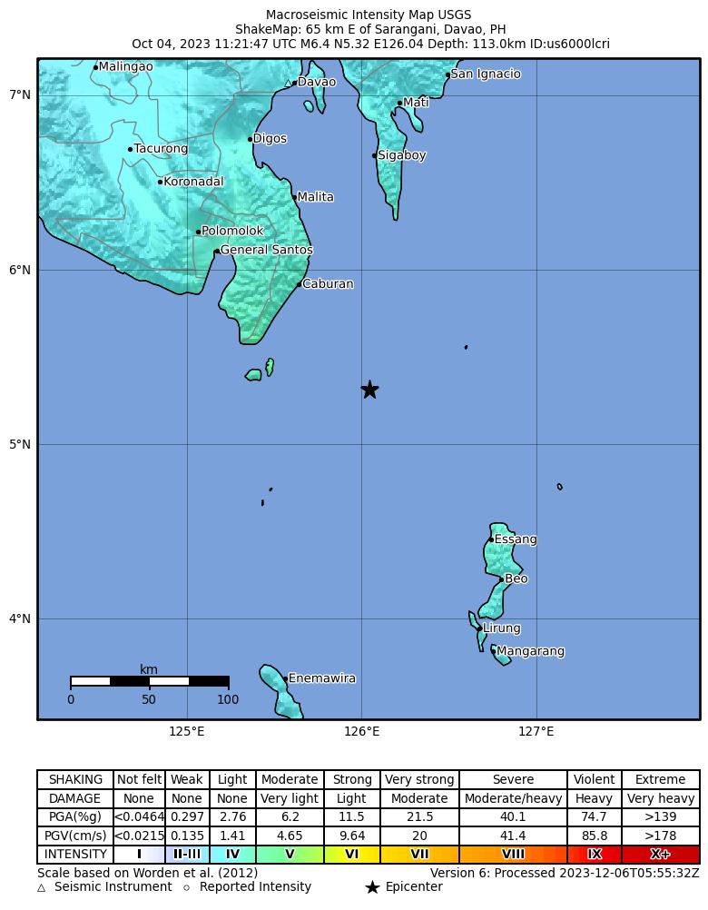 USGS ShakeMap intensity contours for the M6.4 earthquake near 65 km E of Sarangani, Philippines