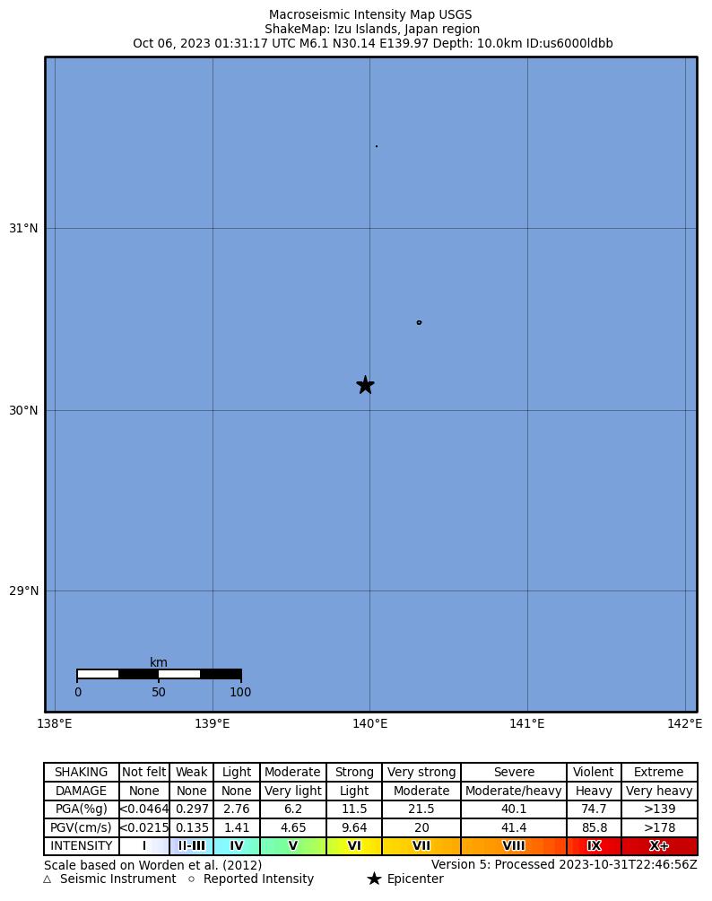 USGS ShakeMap intensity contours for the M6.1 earthquake near Izu Islands, Japan region