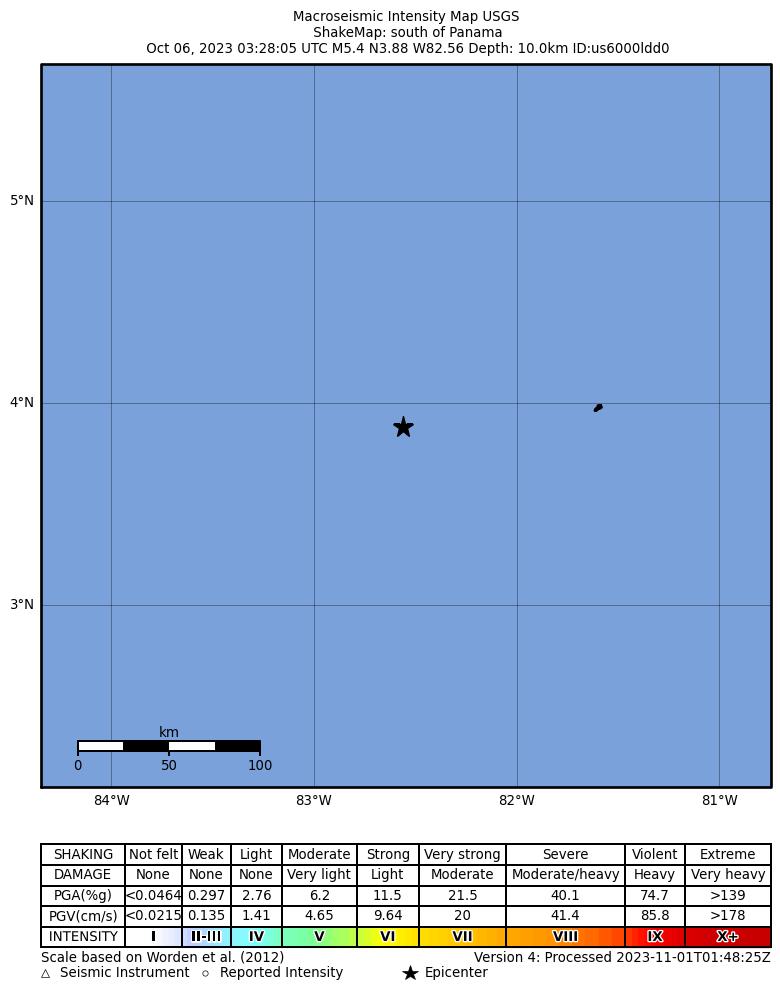 USGS ShakeMap intensity contours for the M5.4 earthquake near south of Panama