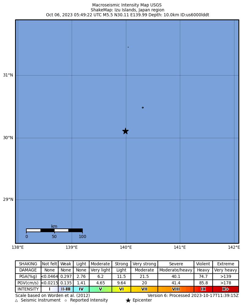 USGS ShakeMap intensity contours for the M5.5 earthquake near Izu Islands, Japan region