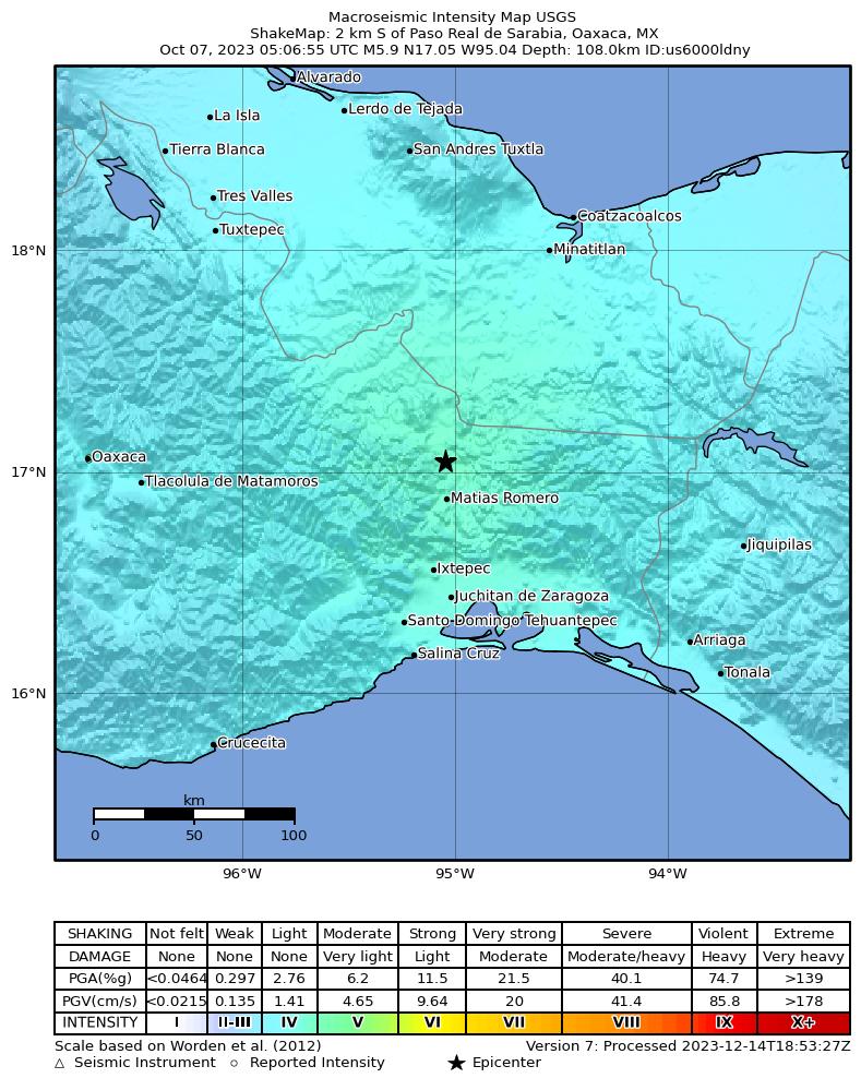 USGS ShakeMap intensity contours for the M5.9 earthquake near 2 km S of Paso Real de Sarabia, Mexico