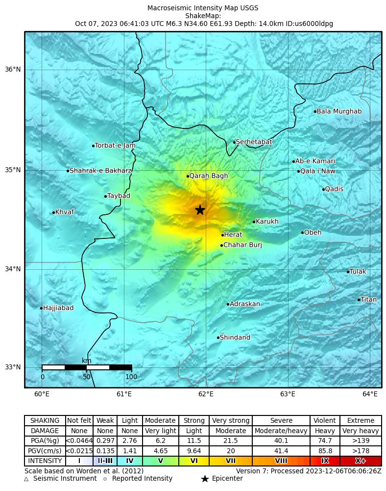USGS ShakeMap intensity contours for the M6.3 earthquake near 32 km NNE of Zindah Jān, Afghanistan