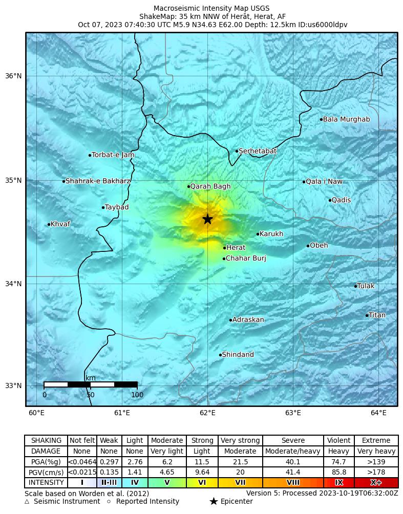 USGS ShakeMap intensity contours for the M5.9 earthquake near 35 km NNW of Herāt, Afghanistan