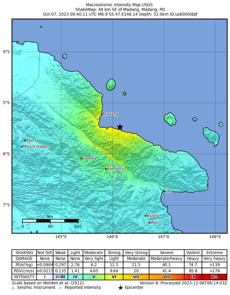 USGS ShakeMap intensity contours for the M6.9 earthquake near 48 km SE of Madang, Papua New Guinea