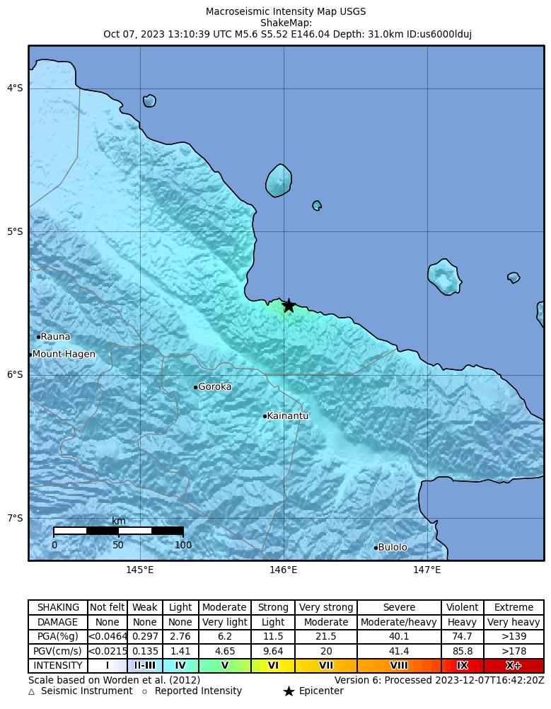 USGS ShakeMap intensity contours for the M5.6 earthquake near 43 km SE of Madang, Papua New Guinea