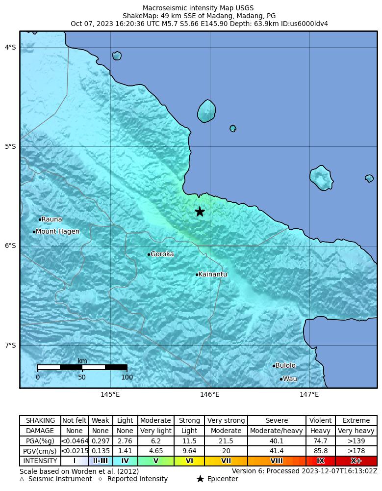 USGS ShakeMap intensity contours for the M5.7 earthquake near 49 km SSE of Madang, Papua New Guinea