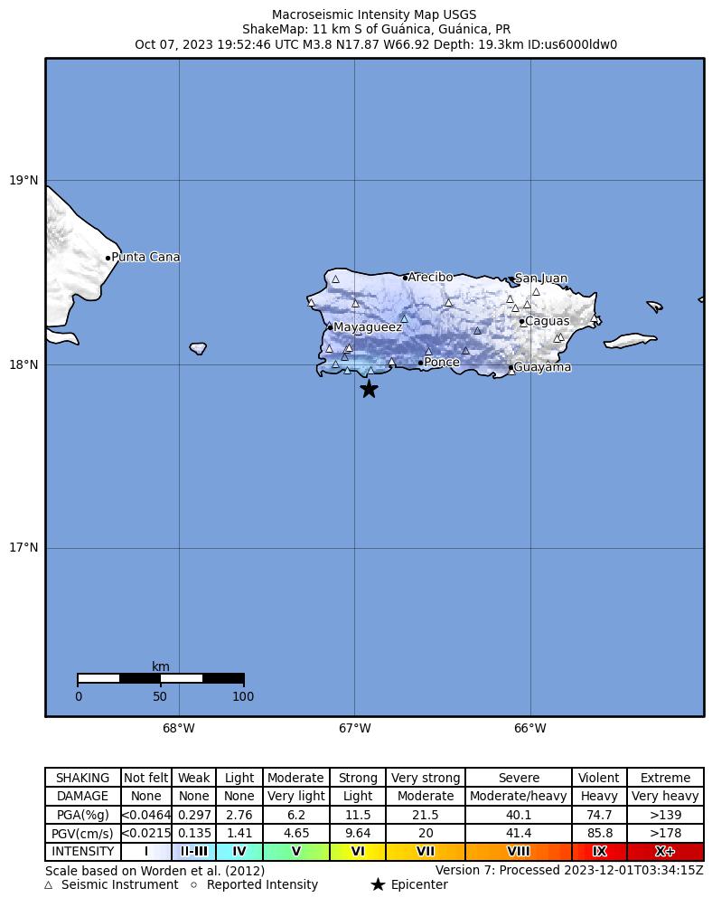 USGS ShakeMap intensity contours for the M4.0 earthquake near Puerto Rico region