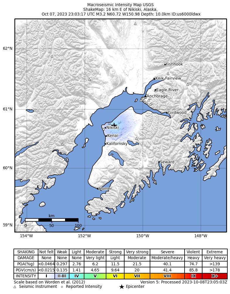 USGS ShakeMap intensity contours for the M3.0 earthquake near 19 km SW of Point Possession, Alaska