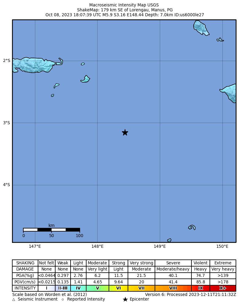 USGS ShakeMap intensity contours for the M5.9 earthquake near Bismarck Sea