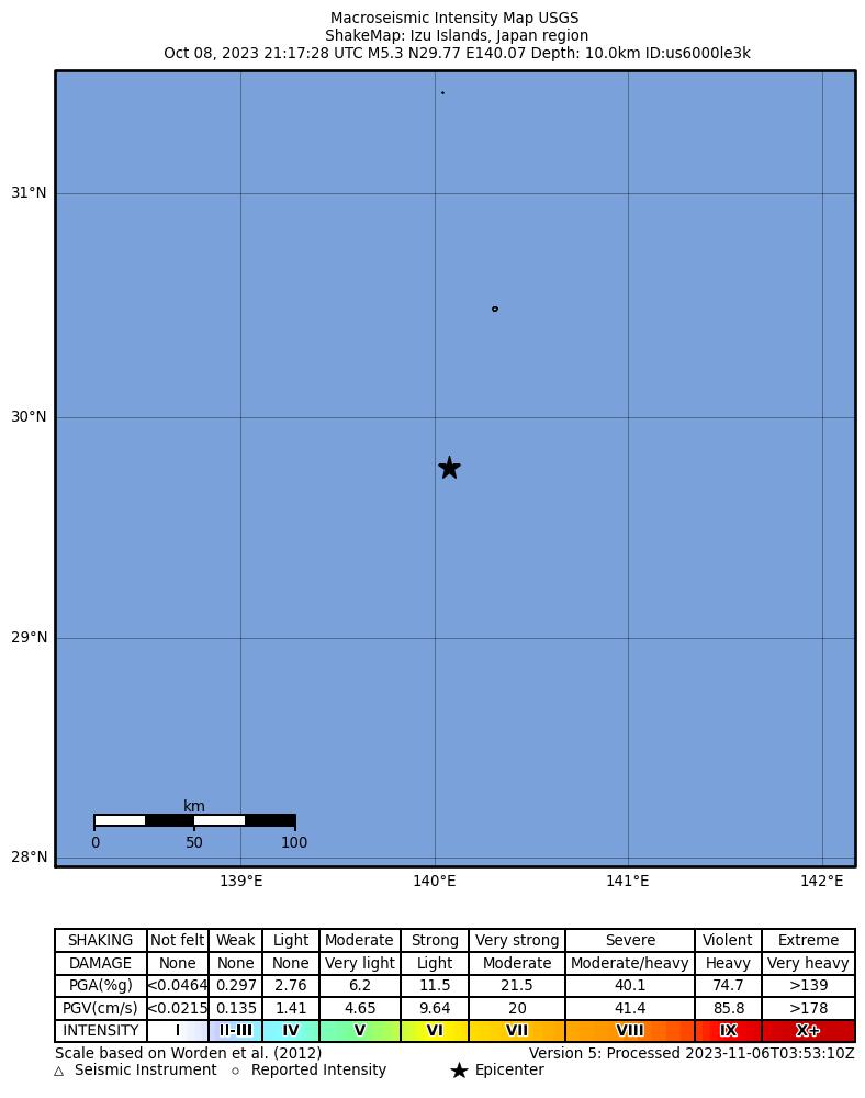 USGS ShakeMap intensity contours for the M5.3 earthquake near Izu Islands, Japan region