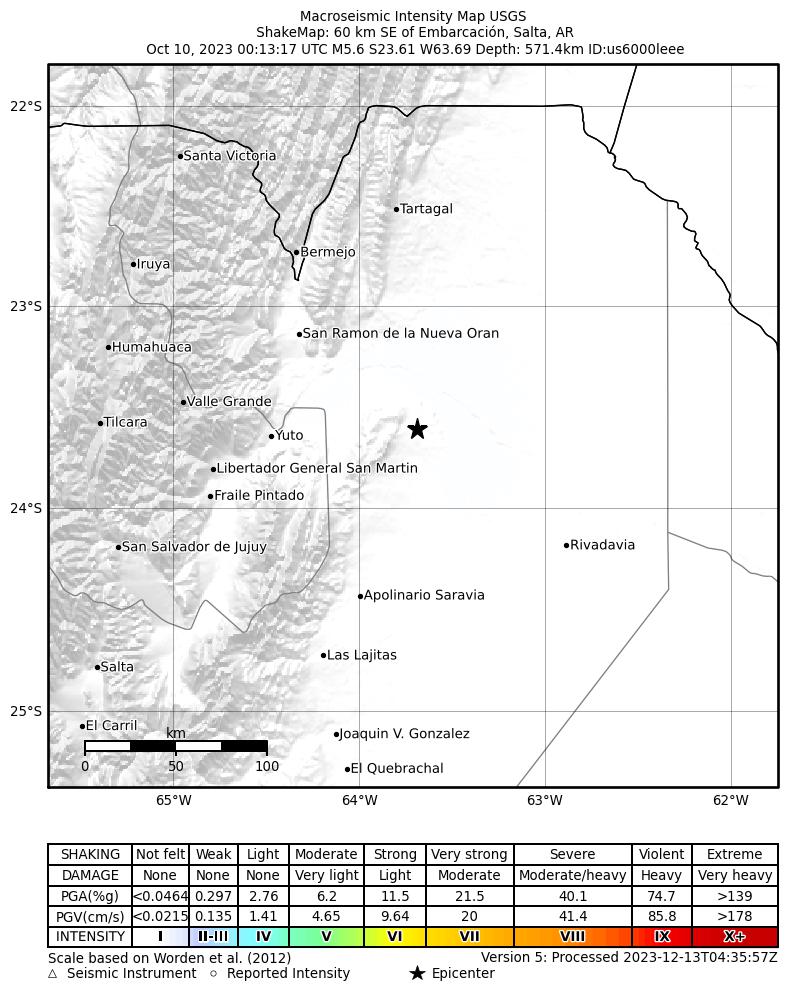 USGS ShakeMap intensity contours for the M5.6 earthquake near 60 km SE of Embarcación, Argentina