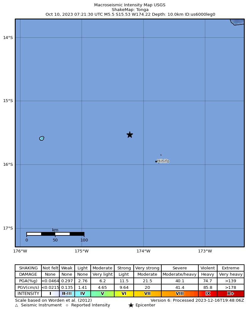 USGS ShakeMap intensity contours for the M5.5 earthquake near 65 km NW of Hihifo, Tonga