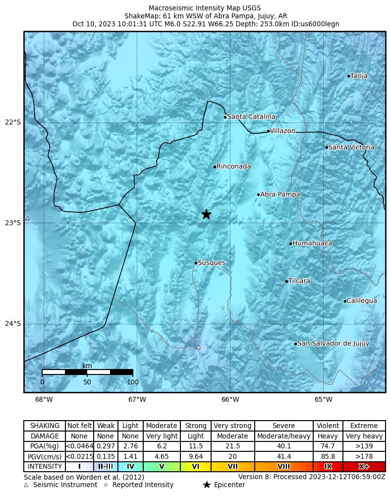 USGS ShakeMap intensity contours for the M6.0 earthquake near 61 km WSW of Abra Pampa, Argentina