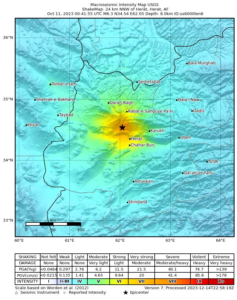 USGS ShakeMap intensity contours for the M6.3 earthquake near 24 km NNW of Herāt, Afghanistan