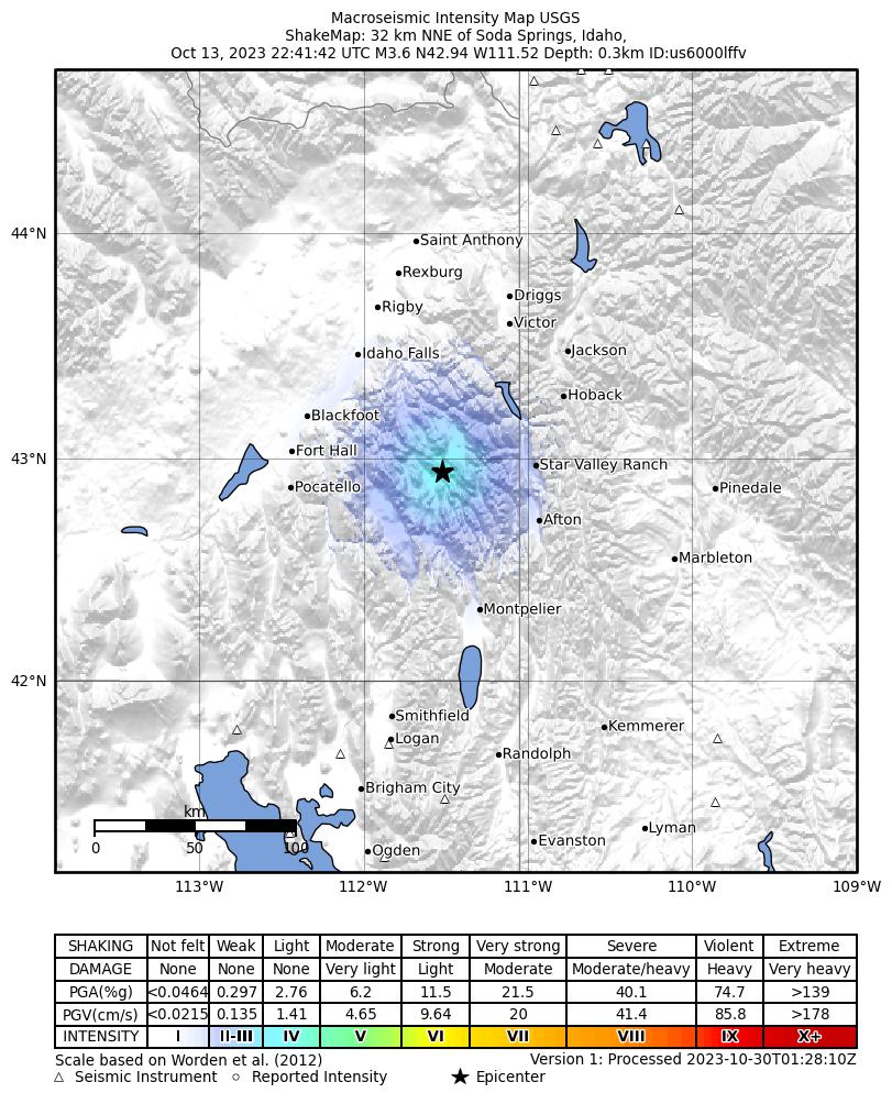 USGS ShakeMap intensity contours for the M3.6 earthquake near 32 km NNE of Soda Springs, Idaho