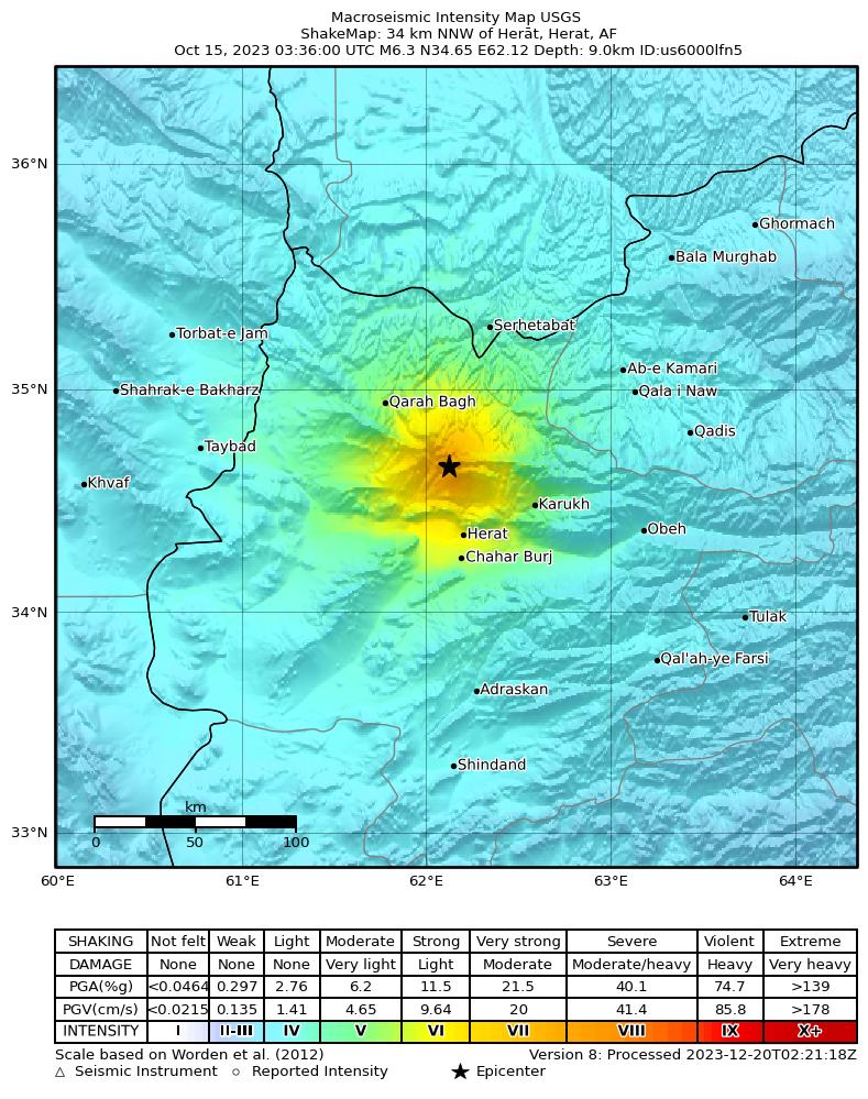 USGS ShakeMap intensity contours for the M6.3 earthquake near 34 km NNW of Herāt, Afghanistan