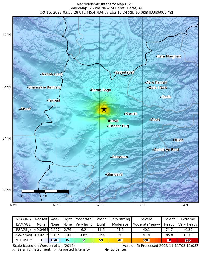 USGS ShakeMap intensity contours for the M5.4 earthquake near 26 km NNW of Herāt, Afghanistan